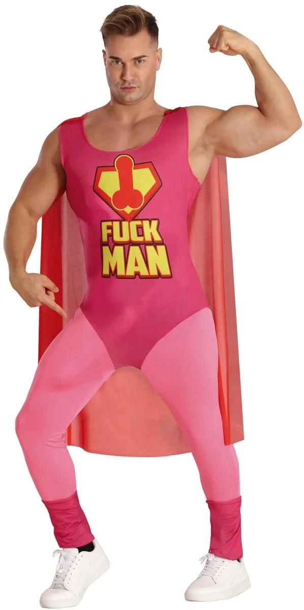 Superheld Kostuum Heren – “Fuckman” Roze Cape & Pak (Parodie)