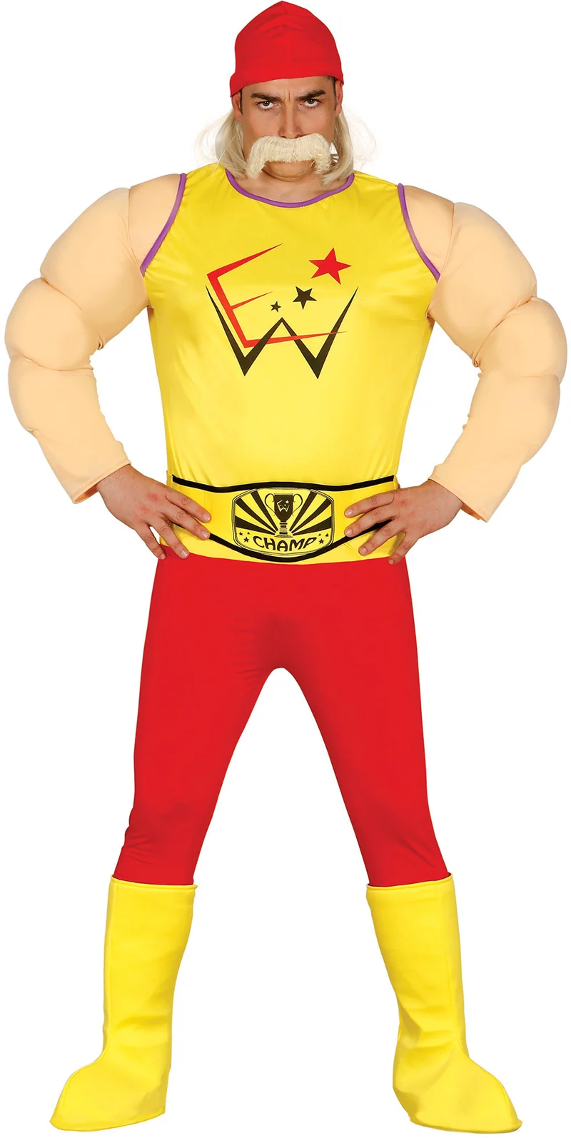 Worstelaar Kostuum Heren – Geel/Rood Hulk Parodie Jumpsuit met Kap