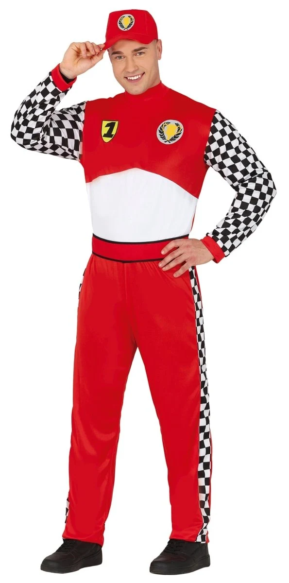 Racepak Heren Rood/Wit – Coureur Kostuum met Pet