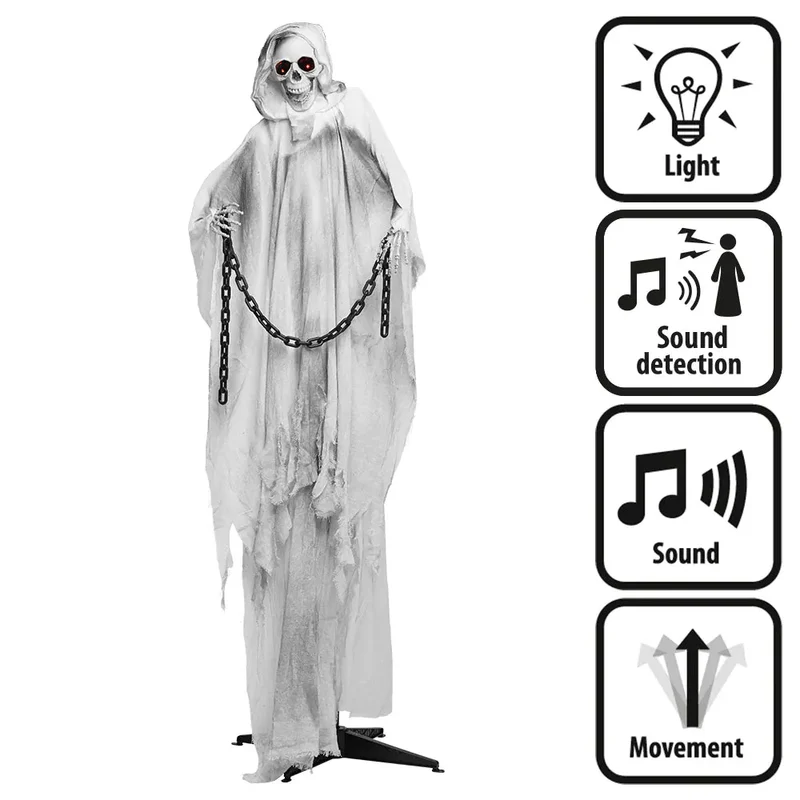 Halloween Geketende Geest 190 cm – licht, geluid & beweging