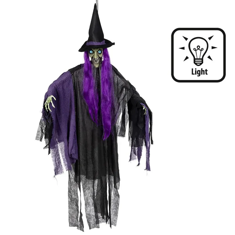 Halloween Heks Decoratie 146 cm – paarse hangende heks met licht