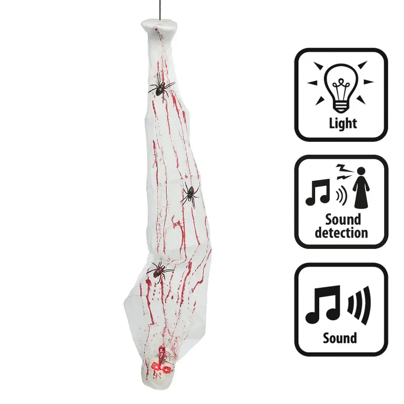 Halloween Spinnencocon 165 cm | Hangdecoratie met Skelet, Licht & Geluid