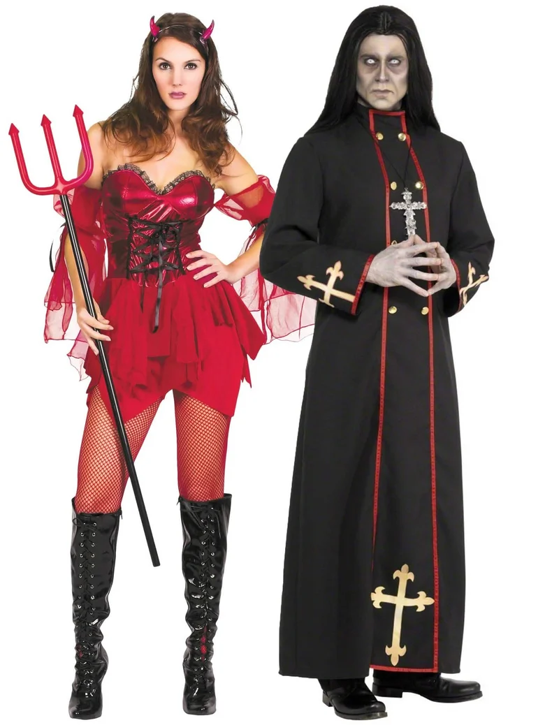 Höllisches Paarkostüm für Halloween Teufelin und Priester schwarz-rot