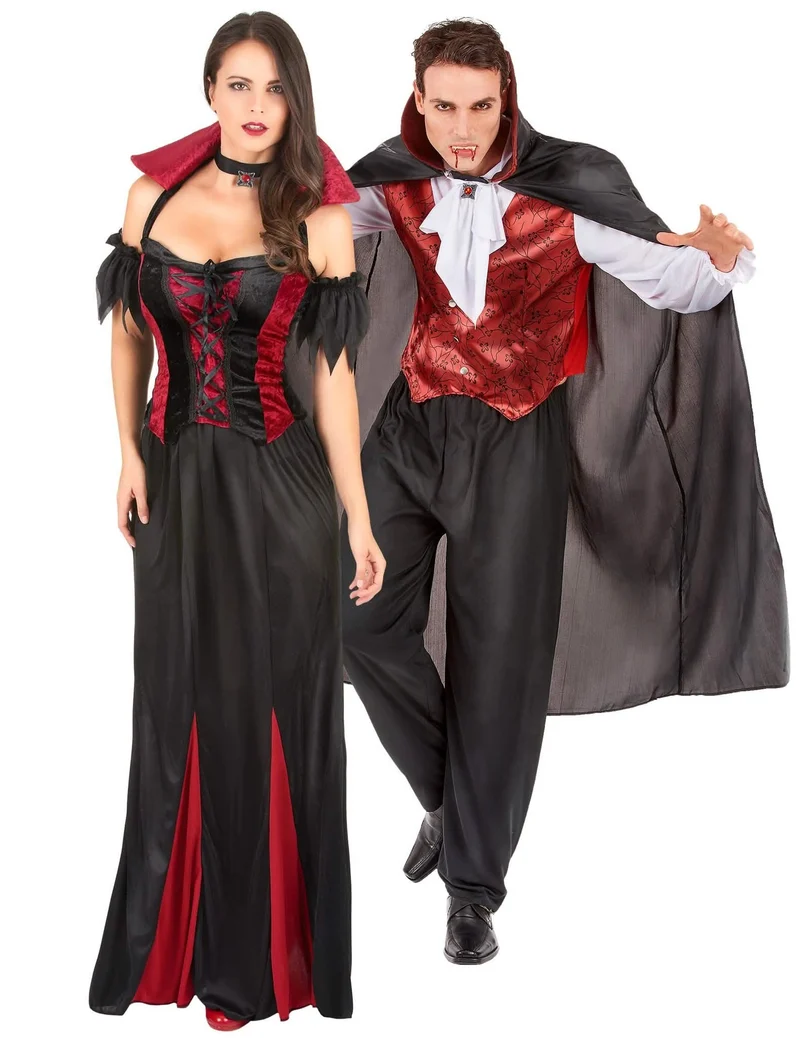 Elegantes Vampir-Paarkostüm für Damen und Herren Halloween schwarz-rot-weiß