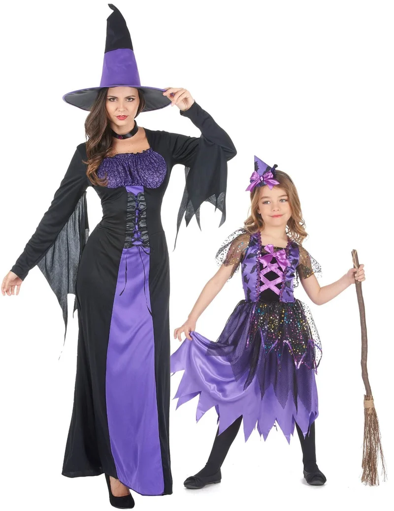 Düsteres Hexen-Paarkostüm für Mutter und Tochter Halloween-Kostüm schwarz-lila