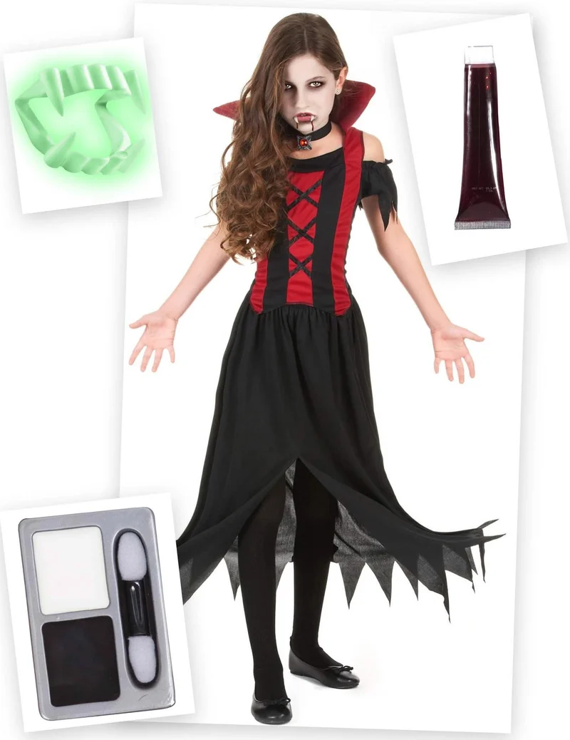 Mystisches Vampir-Kostümset für Mädchen Halloween-Kostüm 4-teilig schwarz-rot