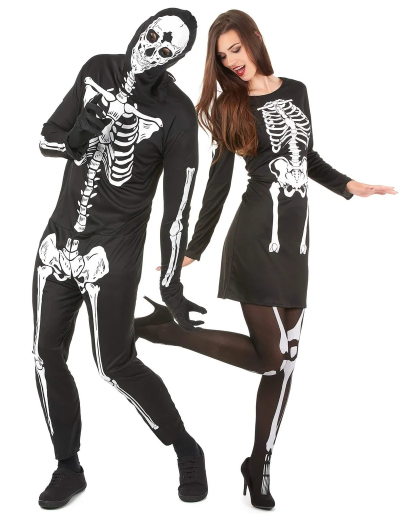 Schauriges Skelett-Paarkostüm für Halloween schwarz-weiß