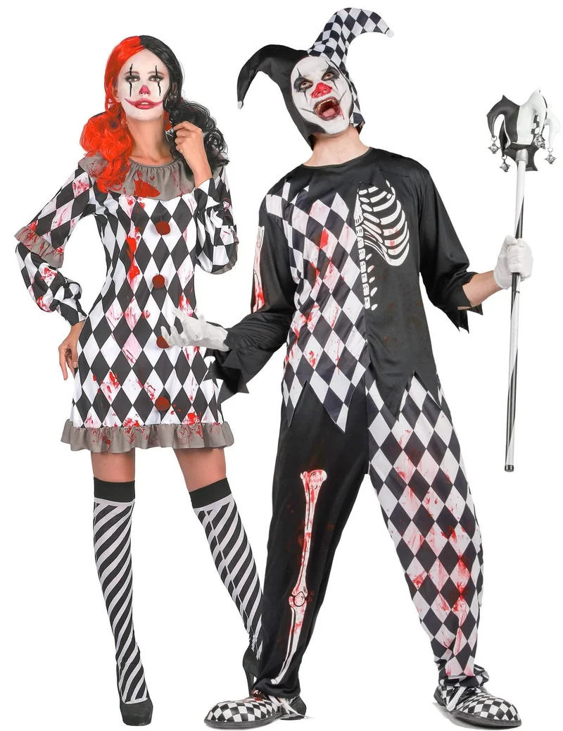 Blutiges Harlekin-Paarkostüm Halloween Clownkostüme schwarz-weiß-rot