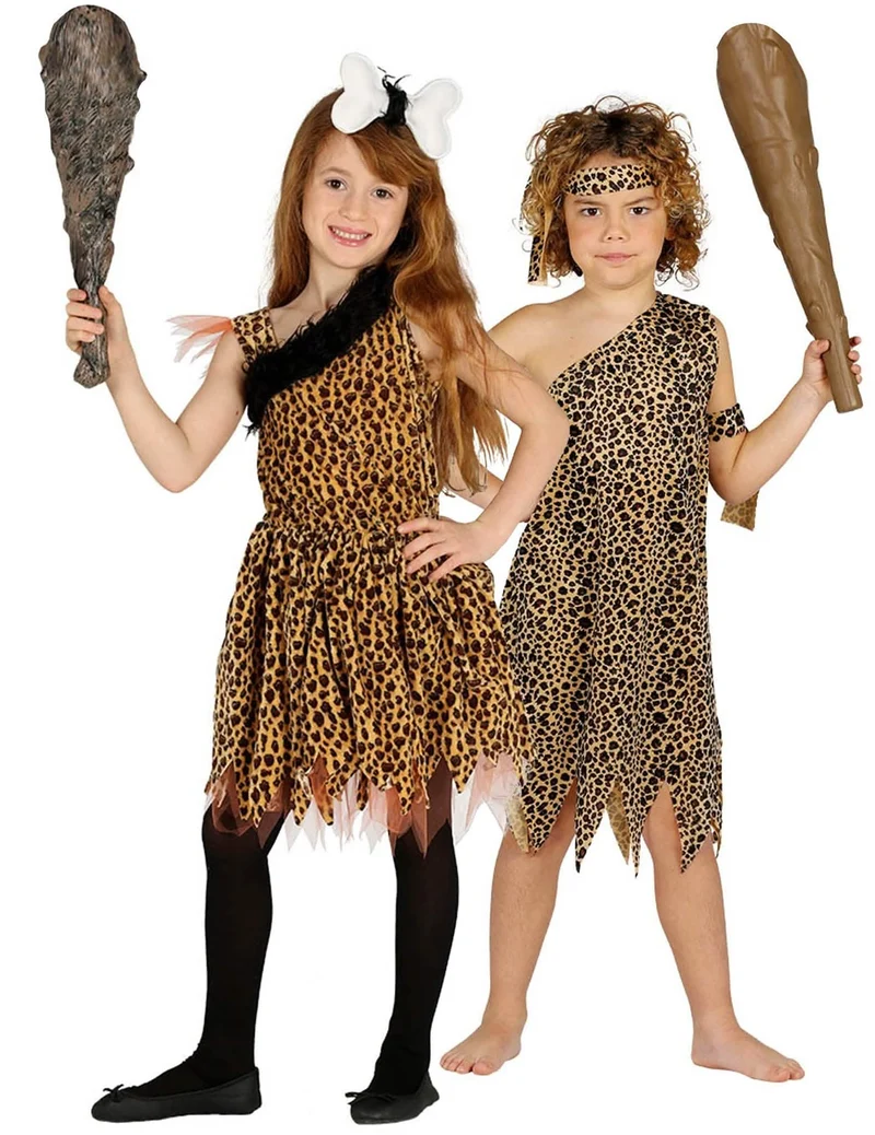 Steinzeitmenschen-Paarkostüm für Jungen und Mädchen Faschingskostüm schwarz-braun