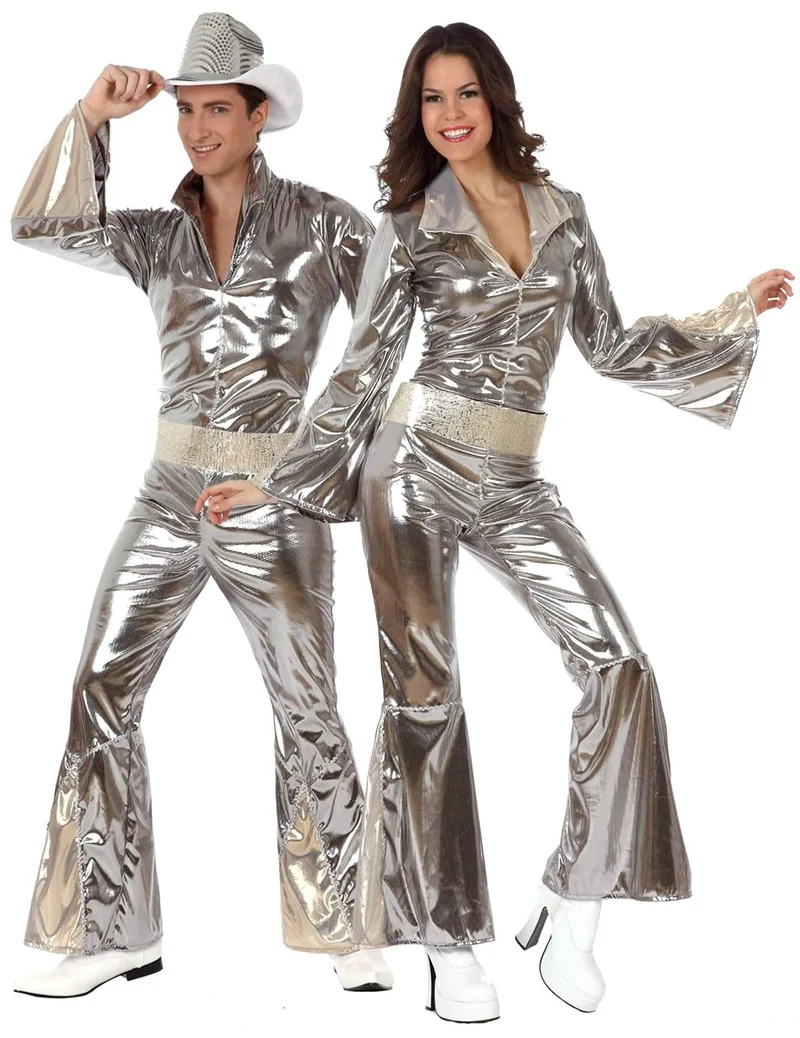 70er-Jahre Disco-Paarkostüm für Erwachsene Fasching silberfarben