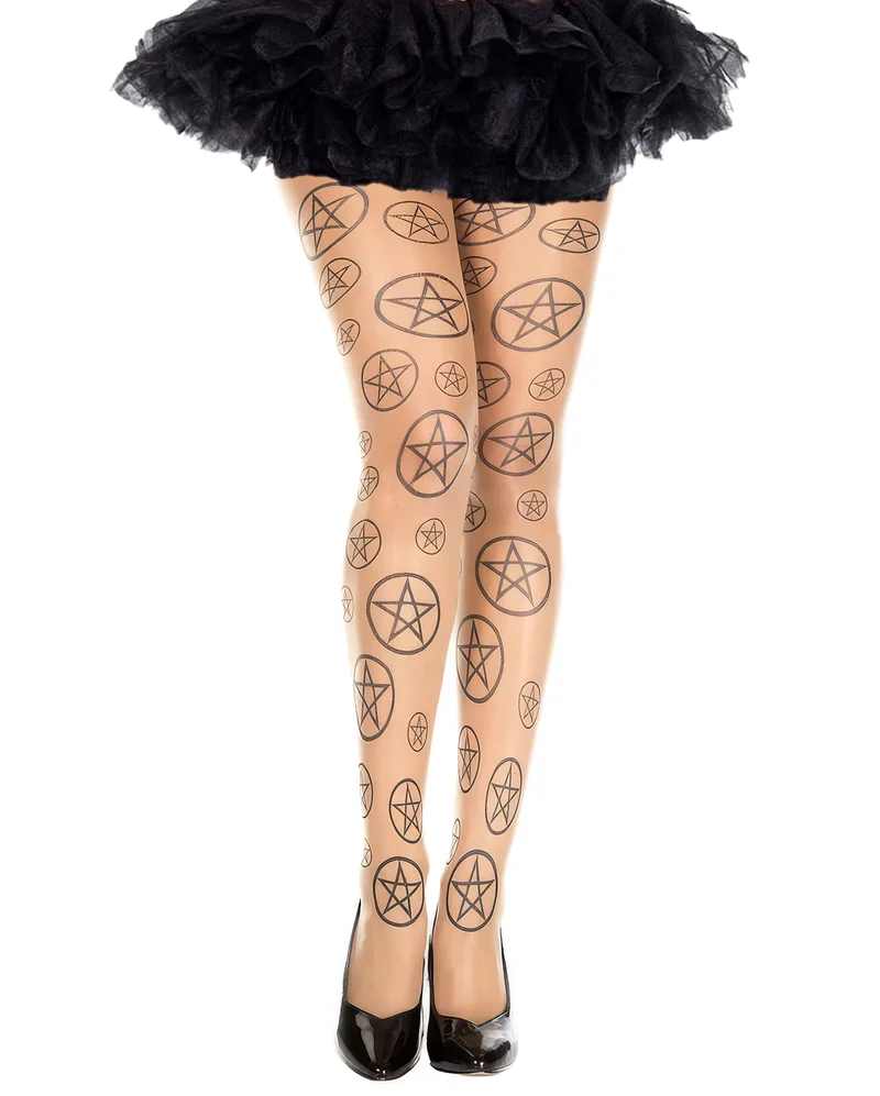 Beige Strumpfhose mit schwarzen Pentagrammen