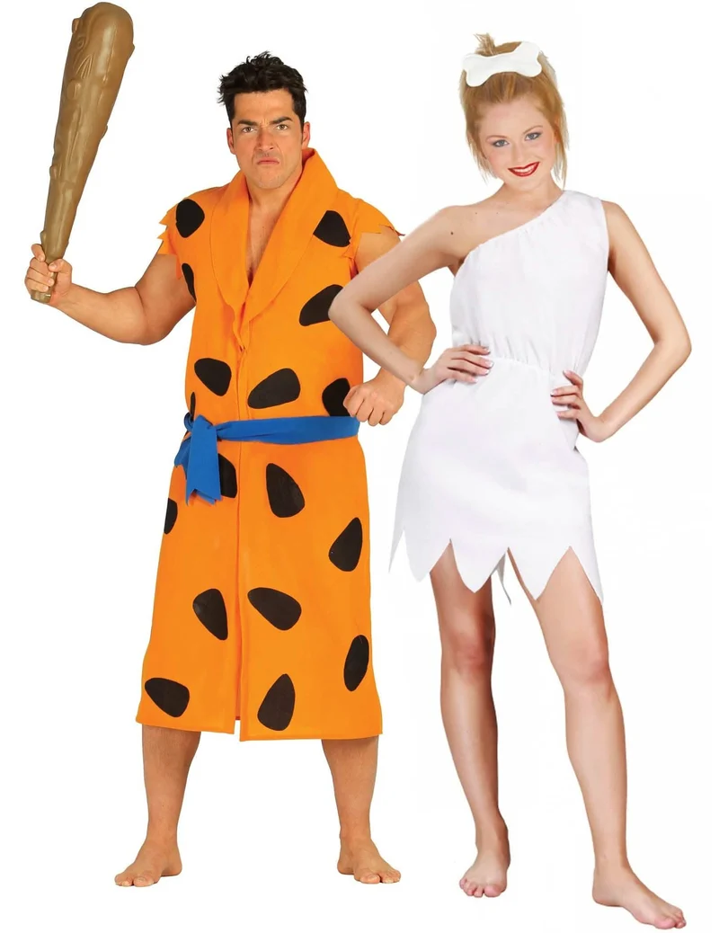 Höhlenmensch-Paarkostüm für Erwachsene Steinzeit-Kostüm orange-schwarz-weiss