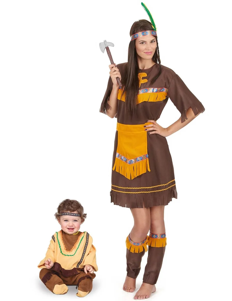 Western-Indianer-Paarkostüm Mutter & Kind-Kostüm für Fasching braun-gelb-beigefarben
