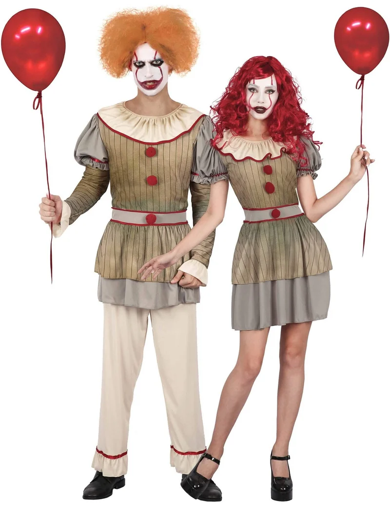 Psychoclown-Paarkostüm für Erwachsene Halloween beige-rot-grau