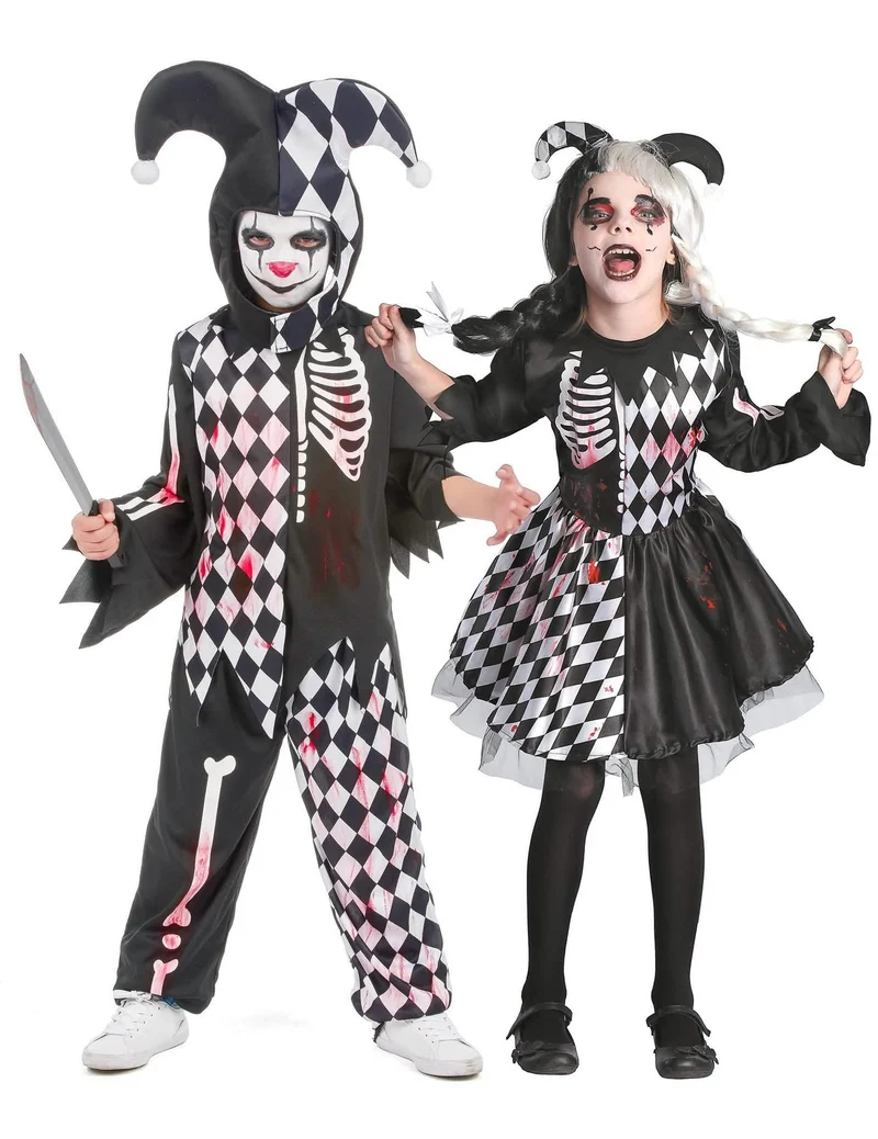 Blutiges Harlekin-Paarkostüm für Kinder Halloween schwarz-weiss