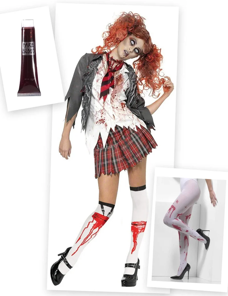 Zombie-Schulmädchen-Kostüm und Kostüm-Accessoires für Damen 3-teilig bunt