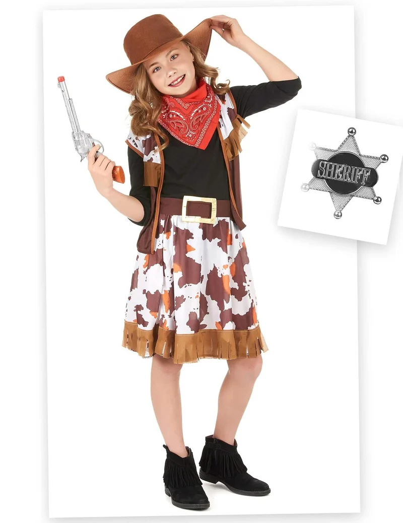 Wildes Cowboy-Kostüm-Set für Mädchen 7-teilig braun-weiss-rot