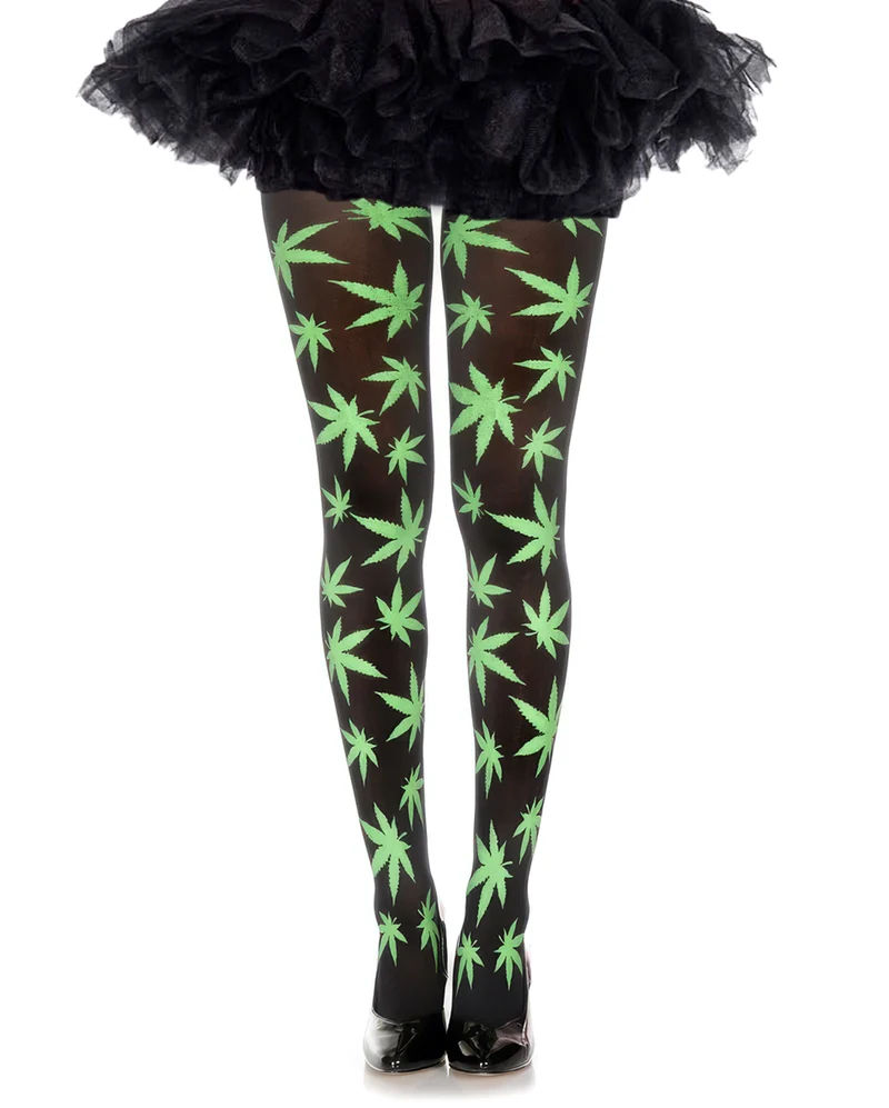 Schwarze Strumpfhose mit Cannabis Motiv