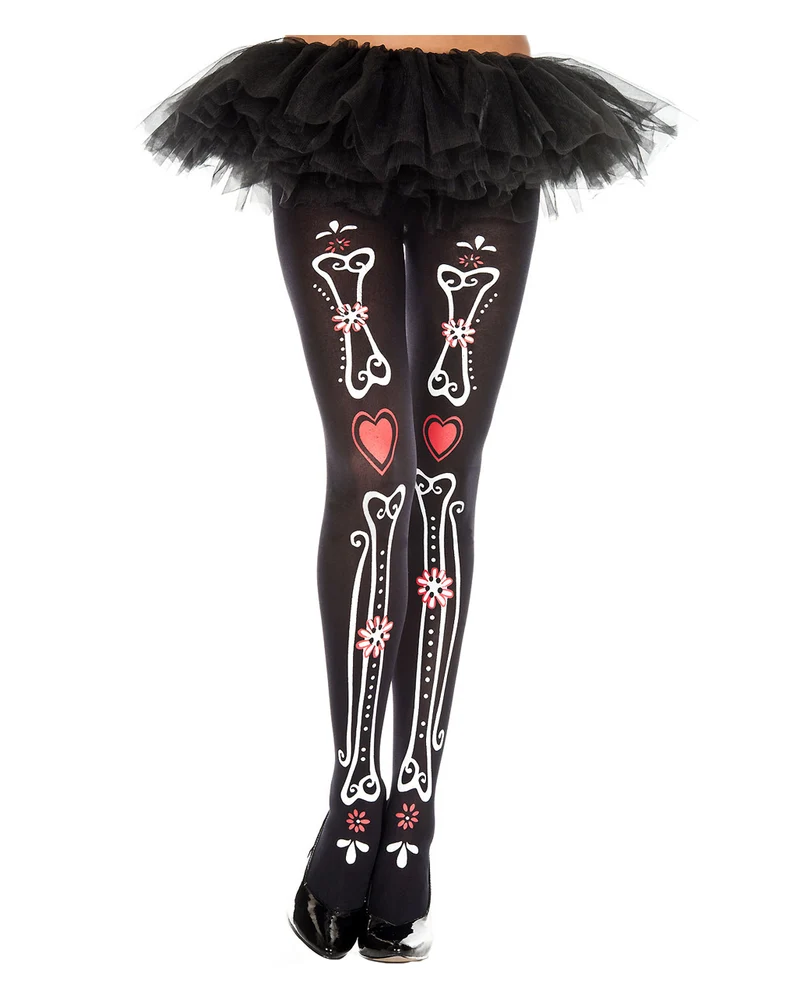 Schwarze Dia De Los Muertos Strumpfhose "Bone & Heart"