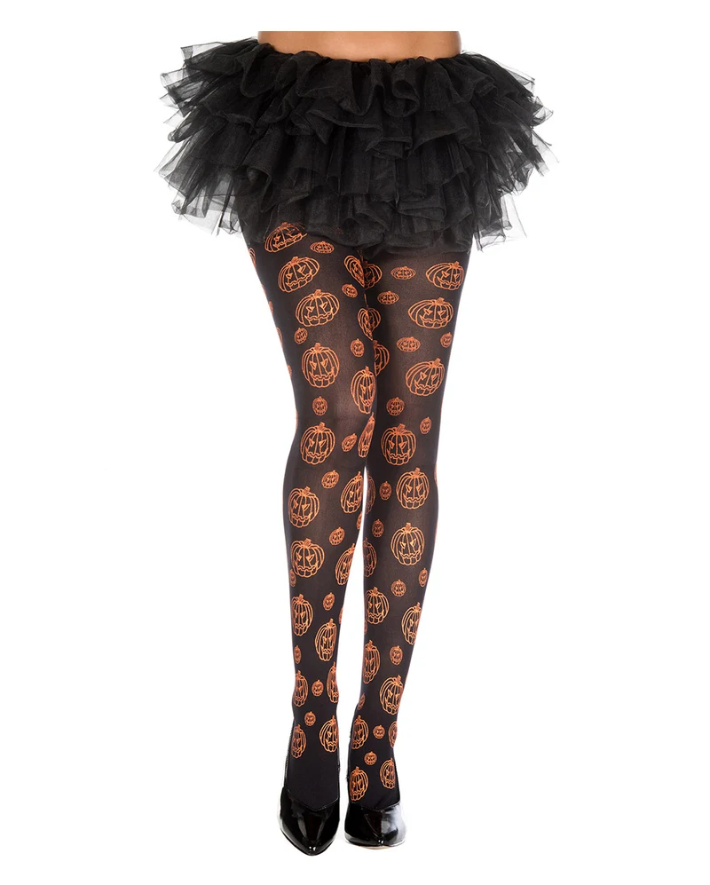 Schwarze Strumpfhose mit Halloween Kürbis Print