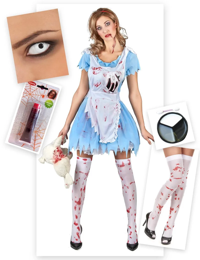 Zombie-Alice Halloween-Kostüm Set 5-teilig blau-weiss