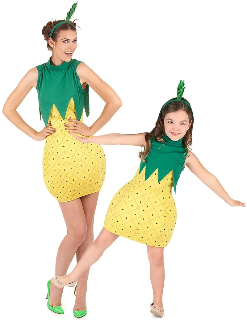 Ananas Paarkostüm für Erwachsene und Kinder rot-gelb