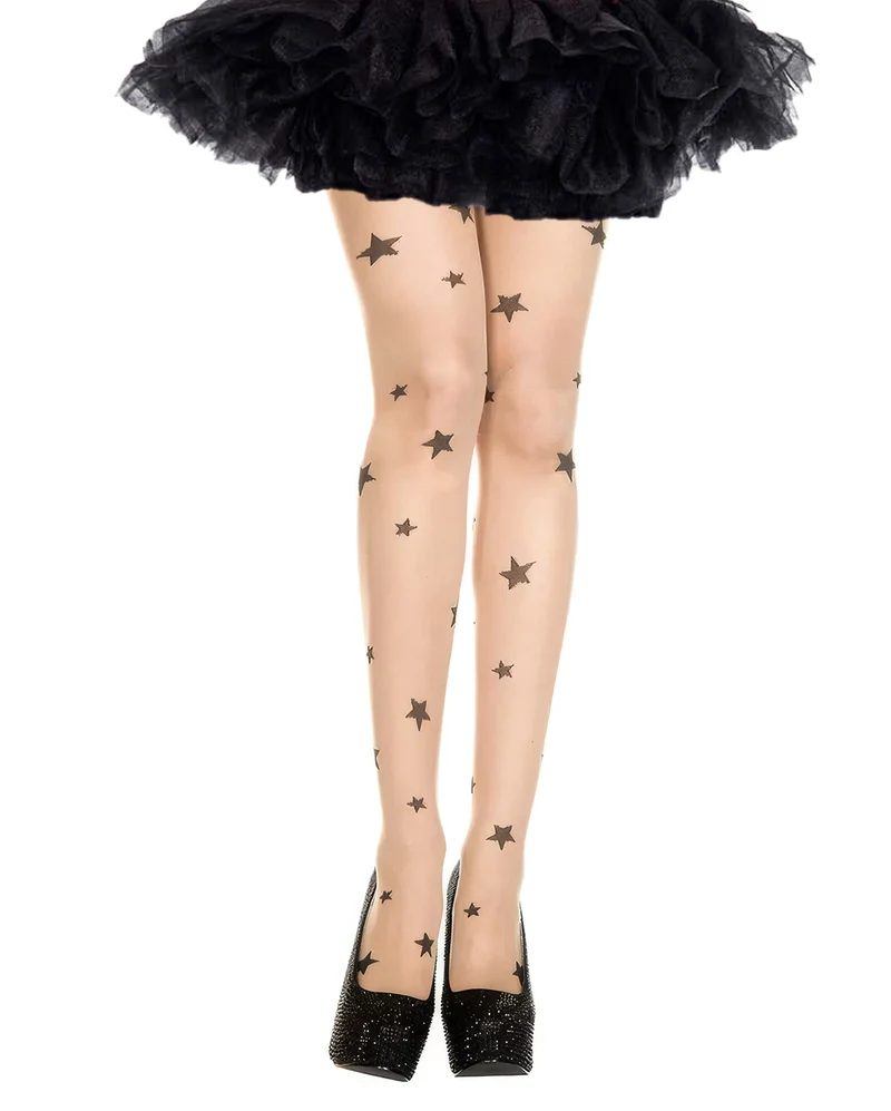 Beige Tattoo Strumpfhose mit schwarzen Sternen
