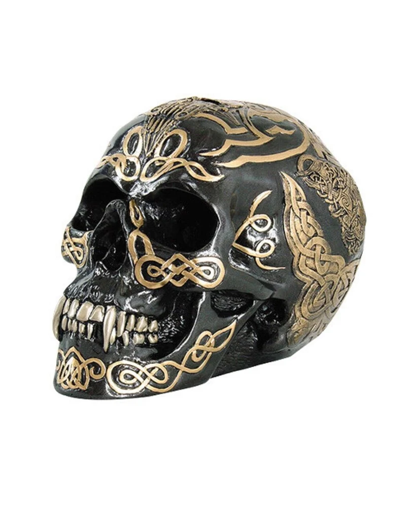 Schwarzer Kelten Totenschädel mit Goldenen Tribals 20cm
