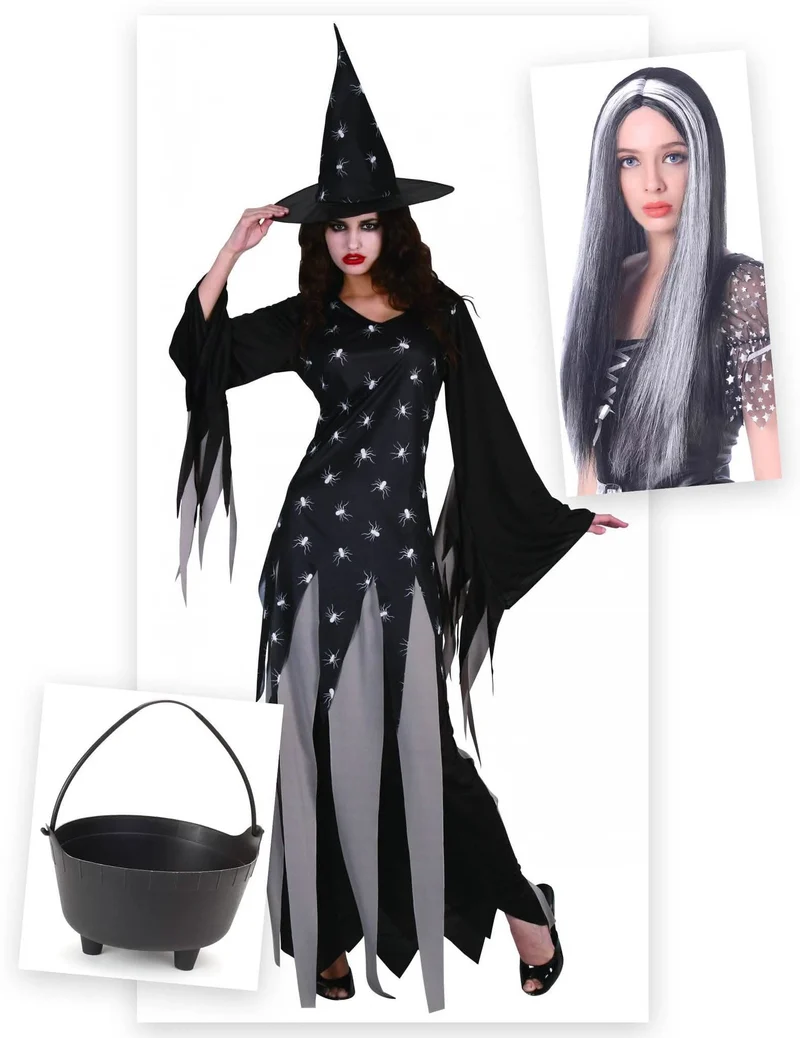 Hexe Kostüm-Set mit Hexenkessel und Perücke schwarz-grau