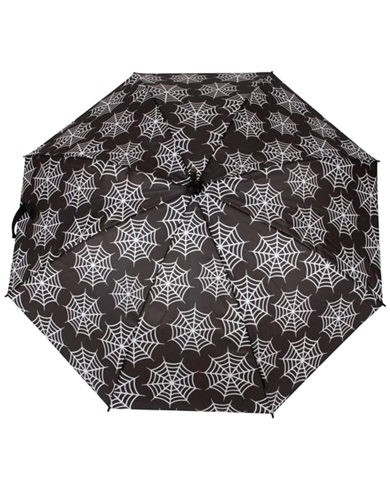 Schwarzer Regenschirm mit Spinnweben als Motiv