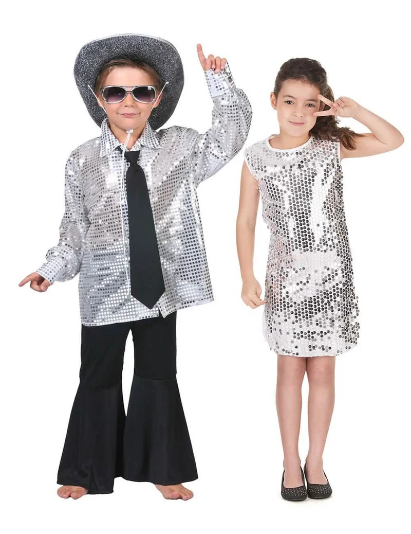 Disco Paarkostüm für Kinder silber