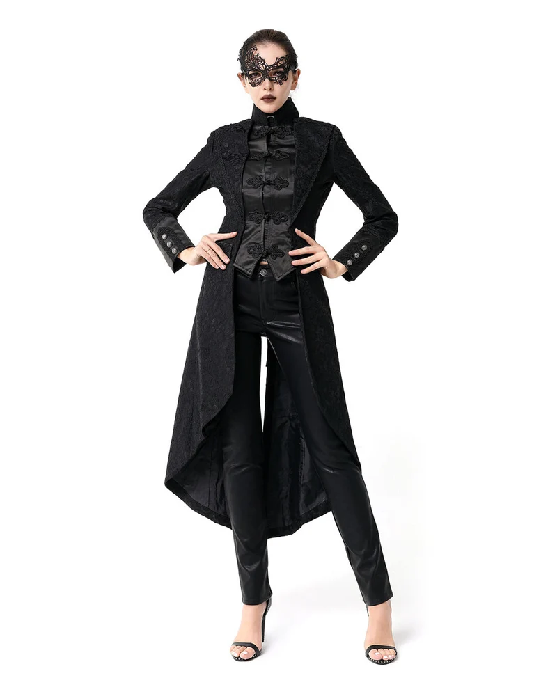 Schwarzer Langer Gothic Damenmantel mit Spitze