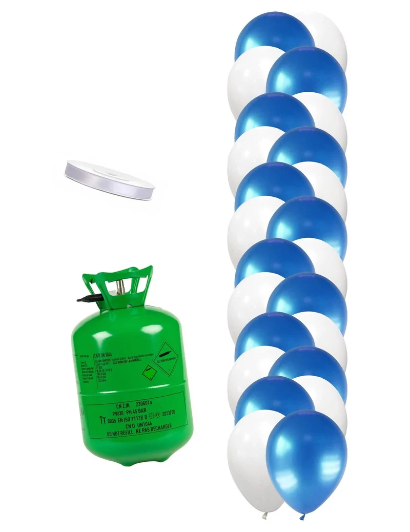 Heliumflaschen-Set mit 24 Ballons blau-weiß