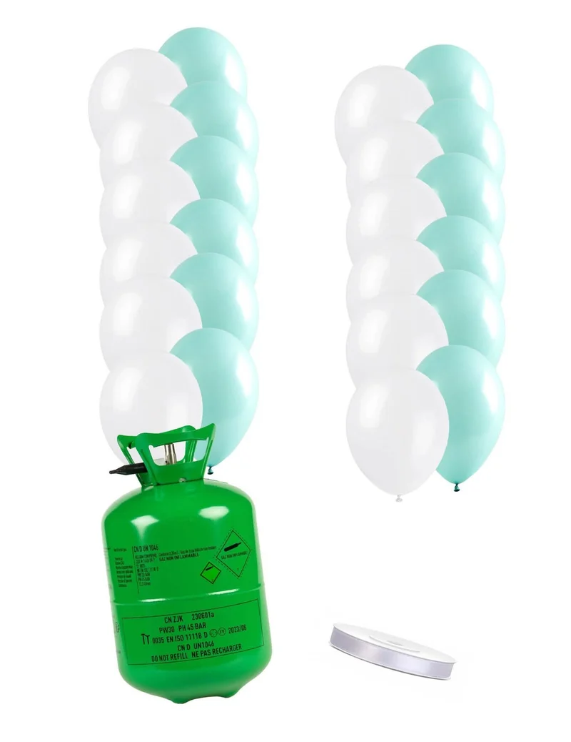 Heliumflaschen-Set mit 24 Ballons mintfarben-weiß