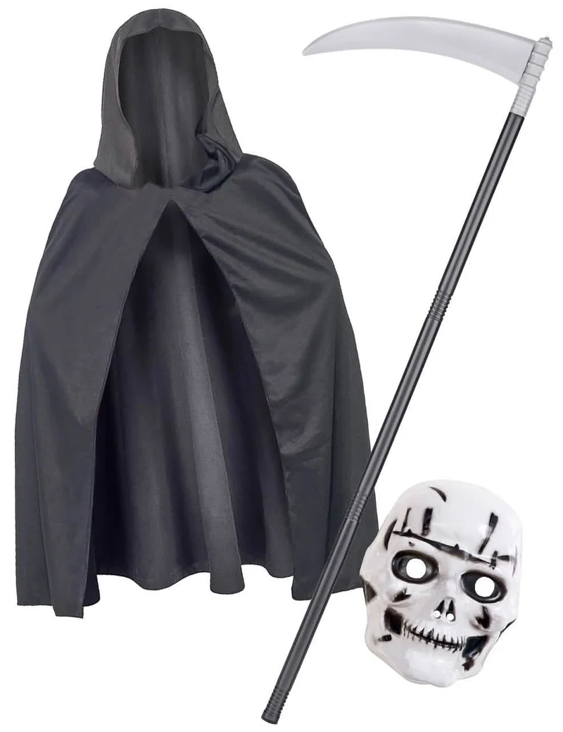Skelett-Sensenmann Kinderkostüm-Set 3-teilig schwarz-weiß