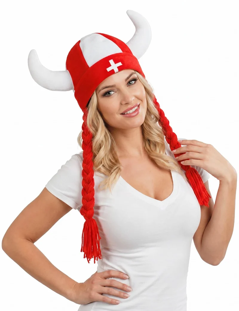 Stoffhelm mit Hörnern und Zöpfen Schweizer Fan