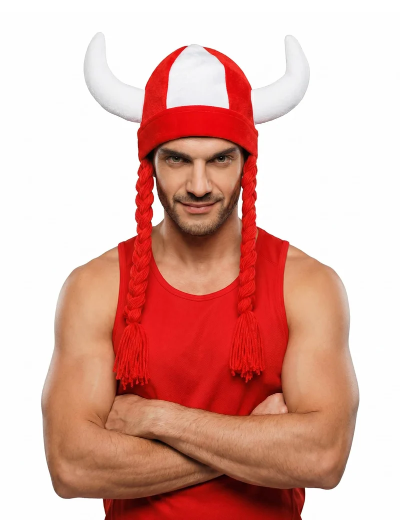 Stoffhelm mit Hörnern und Zöpfen, Fan weiß und rot
