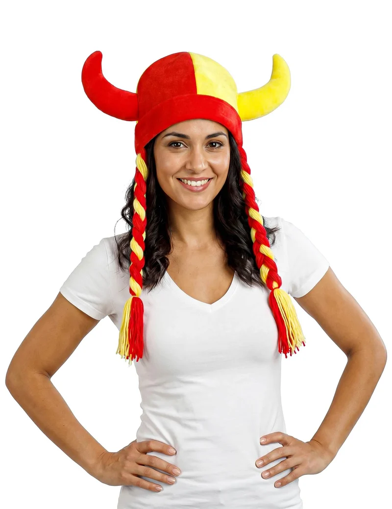 Stoffhelm mit Hörnern und Zöpfen, Fan rot und gelb Spanien