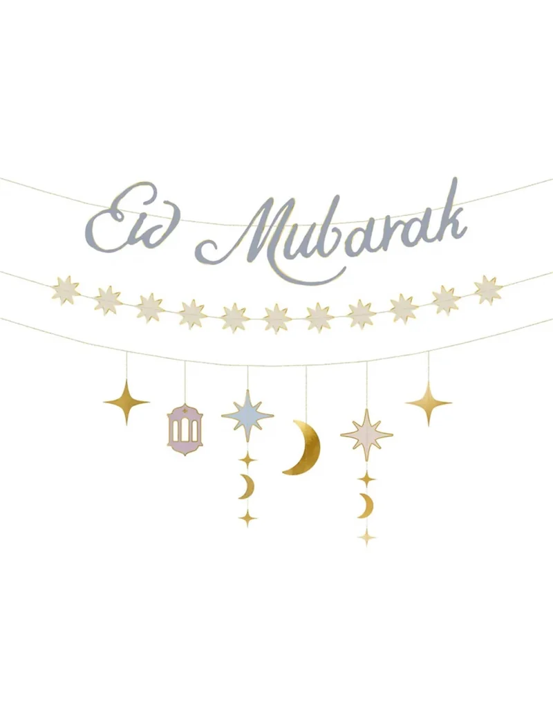3 Eid Mubarak Pappgirlanden in Gold und Silber 200 cm