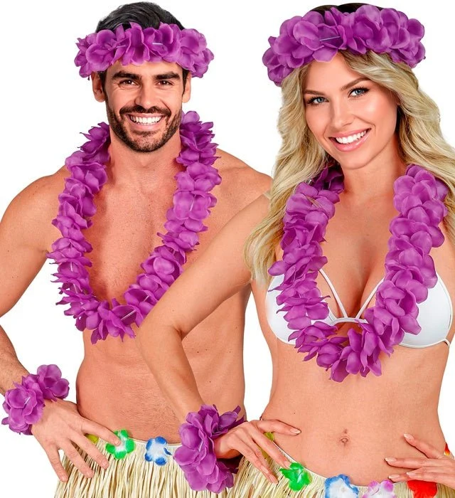 Lila Hawaii-Kranz-Set, 3-teilig