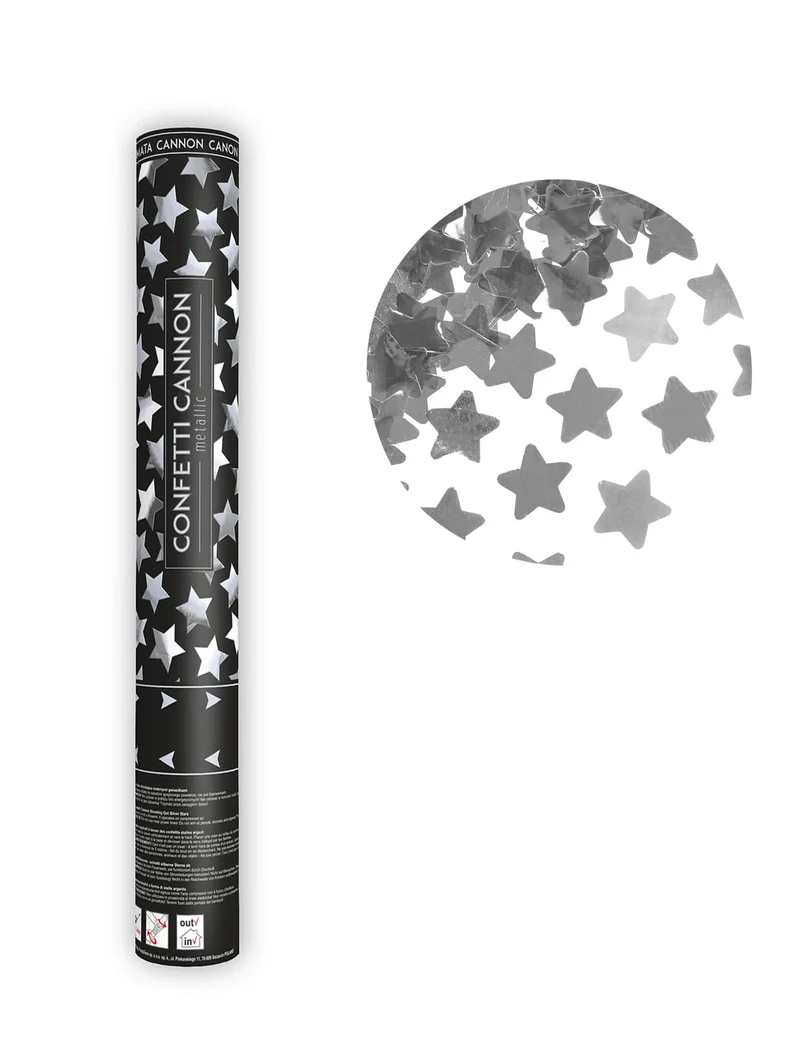 Konfettikanone silberne Metallic-Sterne 40 cm