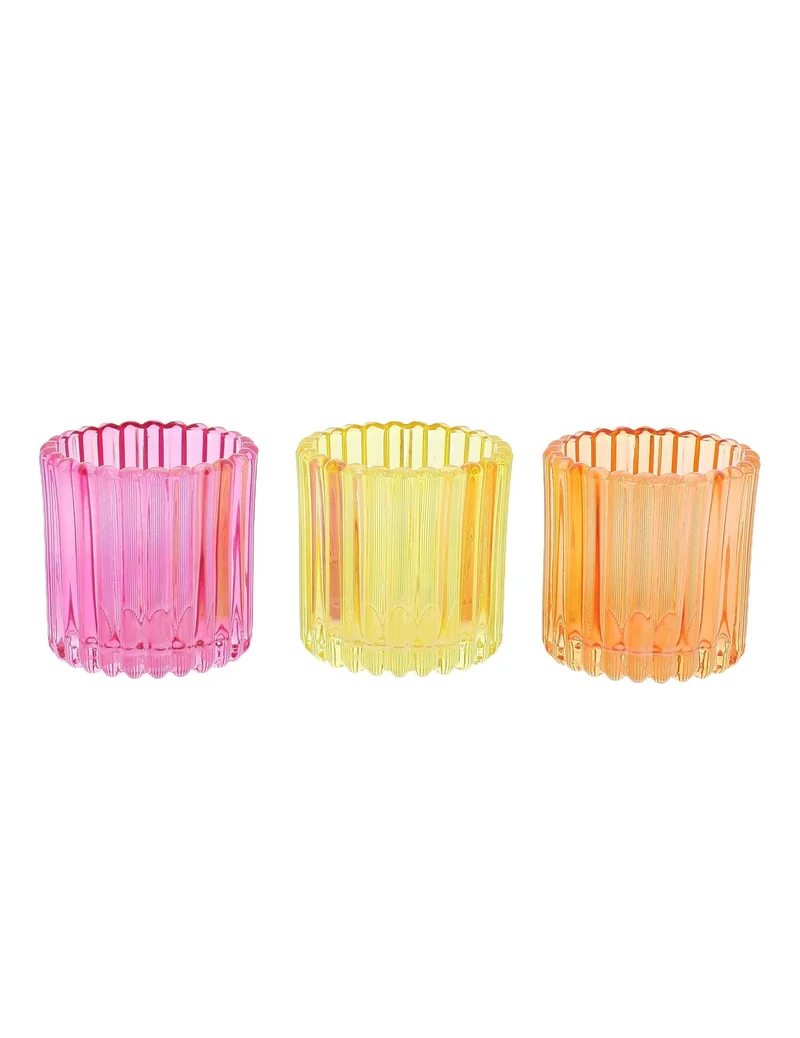 3 Windlichter aus Glas in Rosa, Orange und Gelb