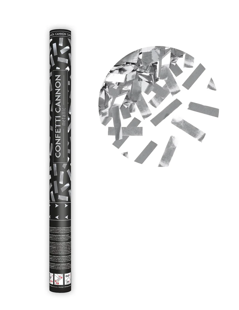 Konfettikanone silberne Metallic-Streifen 60 cm
