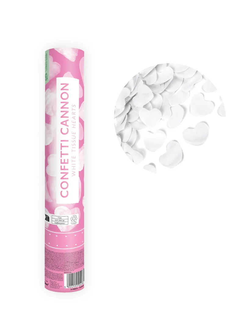 Konfetti-Kanone weiße Herzen 40 cm