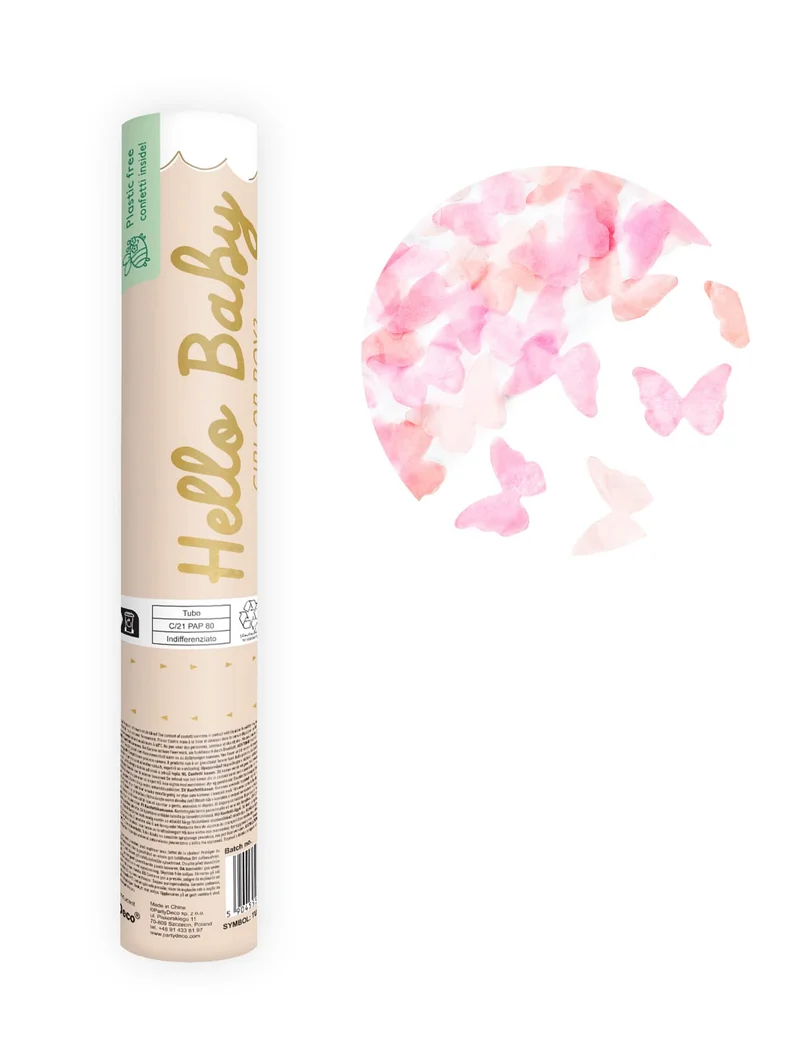 Konfettikanone Gender Reveal rosa Schmetterlinge 20 cm