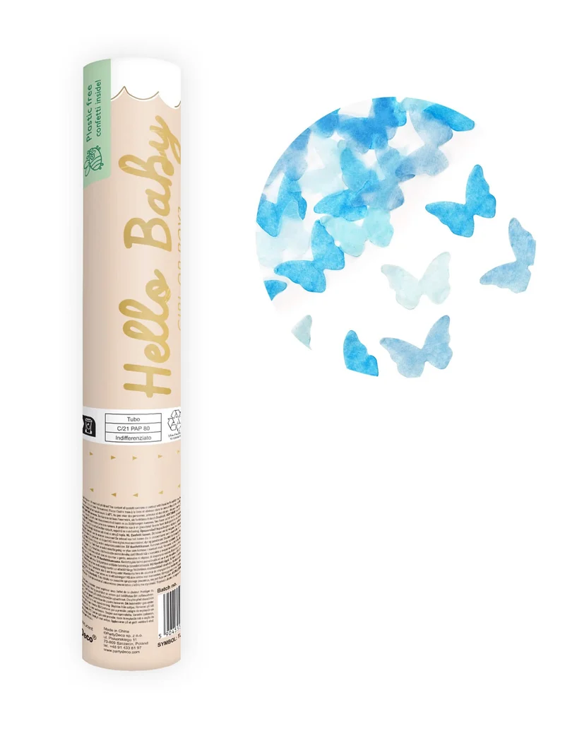 Konfettikanone Gender Reveal blaue Schmetterlinge 20 cm