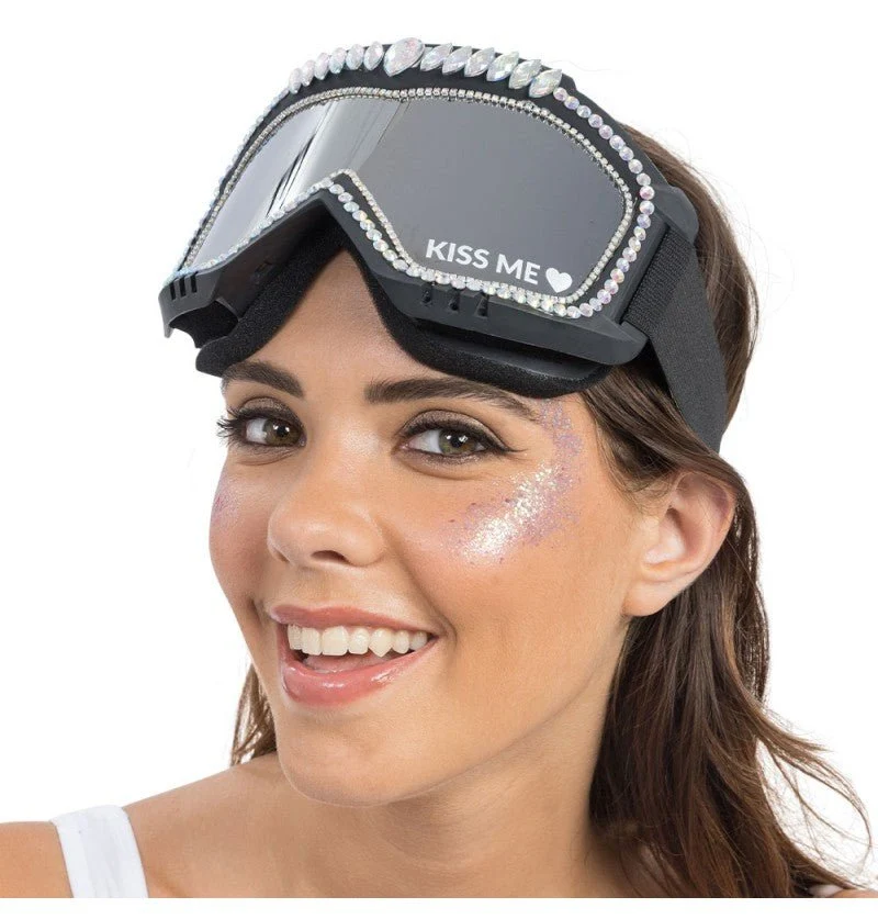 Schwarze Skibrille mit silbernen Strasssteinen „Kiss Me“