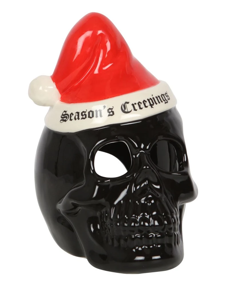 Schwarzer Totenschädel mit Weihnachtsmütze Teelichthalter