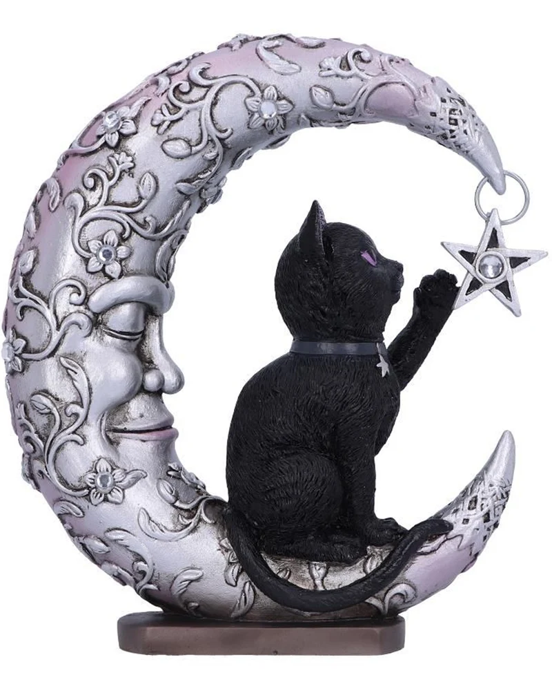 Schwarze Katze auf schlafendem Mond Figur 19cm