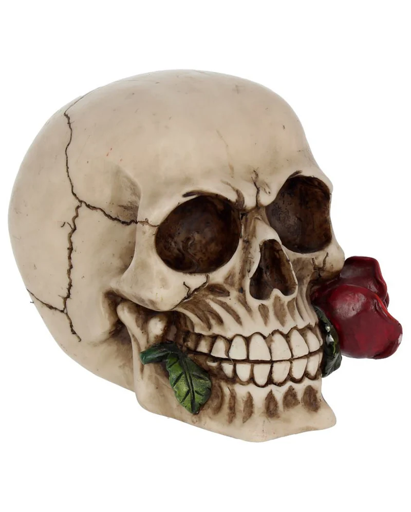 Beiger Totenschädel mit roter Rose 15cm